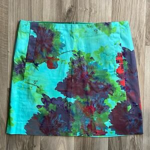 J.CREW 4 Aqua Blue/Green Watercolor Floral Print Stretch Cotton Sateen Skirt